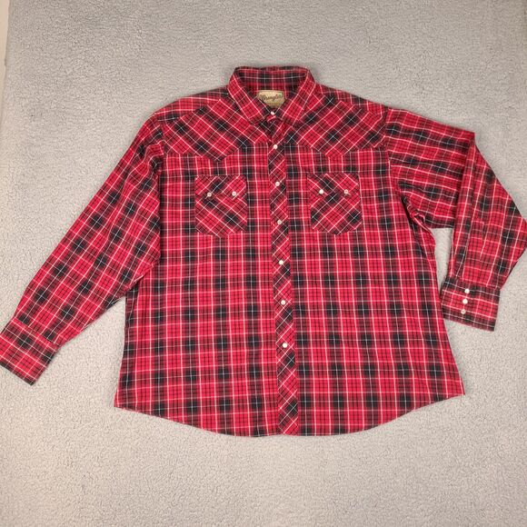 Wrangler Western Shirt Mens 2XL Red‎ Plaid Pearl Snap Flap Pockets Cowboy - Picture 1 of 15